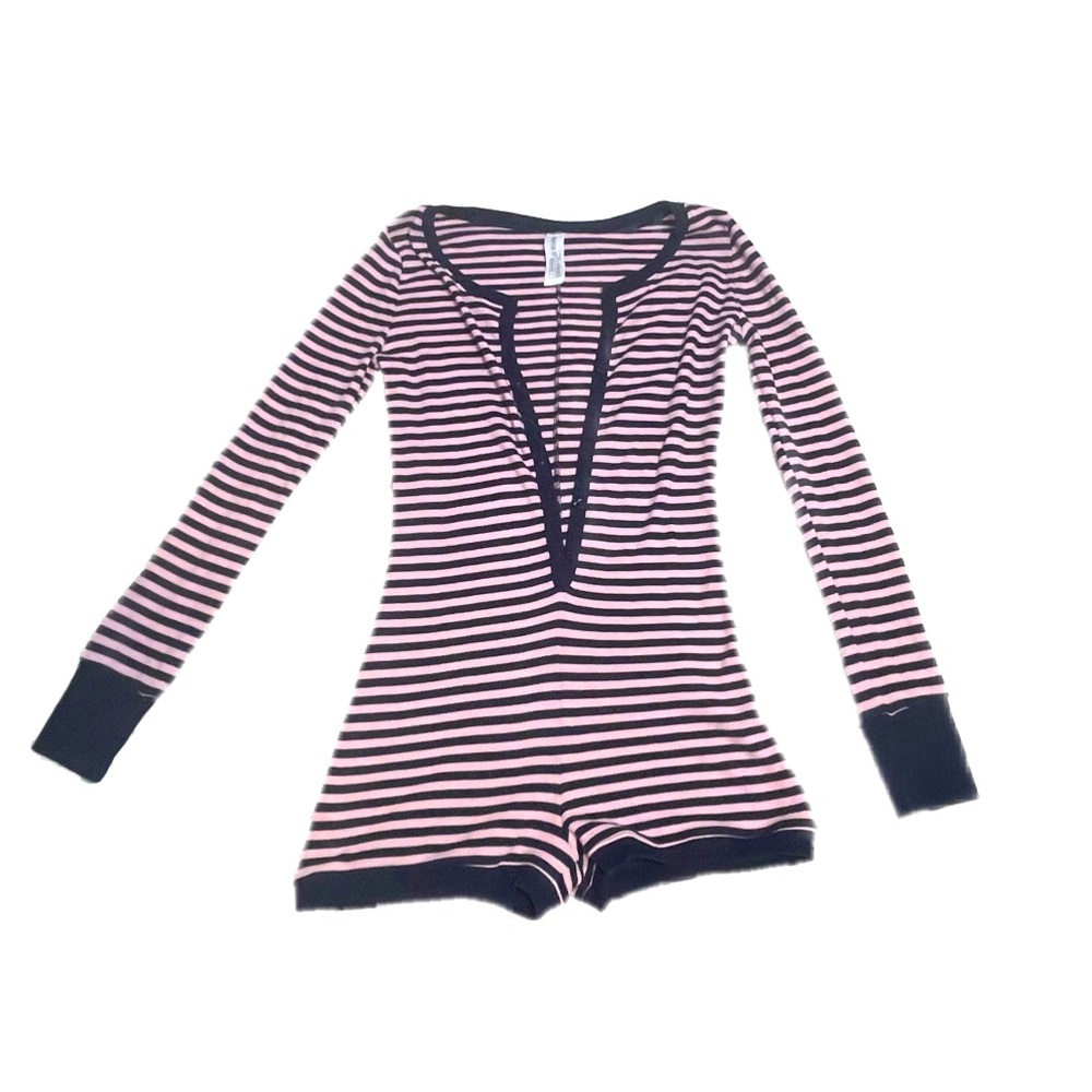Pink and Blue Striped Ribbed Lounge Romper Teddy